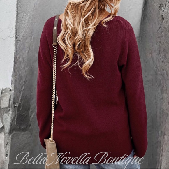 Burgundy Red Criss Cross V Neck Sweater - Picture 4 of 6